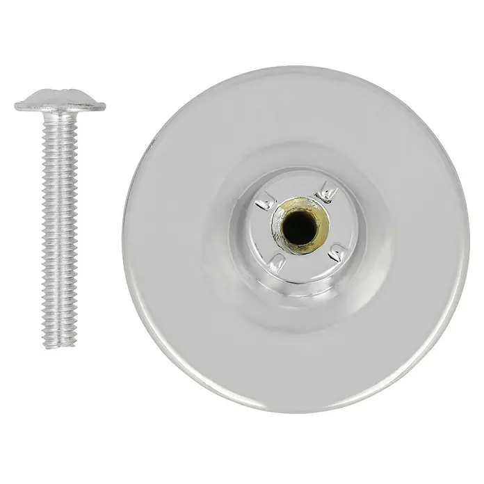 Möbelknopf - Typ Möbelgriff: Knopf, Ø x H: 37 x 26 mm, Verchromt - Nahaufnahme eines glänzenden silbernen Möbelknopfs mit Schraube für eine einfache Installation an Möbelstücken.