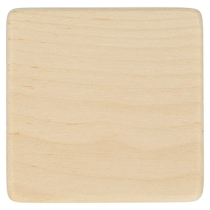 Häfele Pomo para muebles - Tipo de tirador del mueble: Botón, Ø x Al: 21 x 21 mm, Madera, Lacado, Madera de arce - Pieza de madera clara y cuadrada con bordes redondeados, ideal para manualidades o como posavasos, mostrando su grano fino.