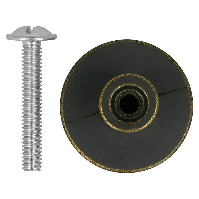 Häfele Pomo para muebles - Tipo de tirador del mueble: Botón, Ø x Al: 25 x 19 mm - En la imagen hay un tirador de mueble con un tornillo. El tirador es redondo y oscuro, con un anillo dorado alrededor del orificio central.