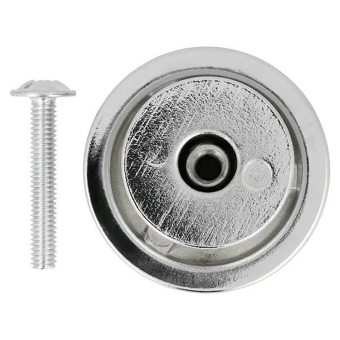 Möbelknopf - Typ Möbelgriff: Knopf, Verchromt, Durchmesser: 28 mm - Nahaufnahme von Möbelknopf und Schraube, ideal für Schubladen und Schränke, aus glänzendem Chrom.