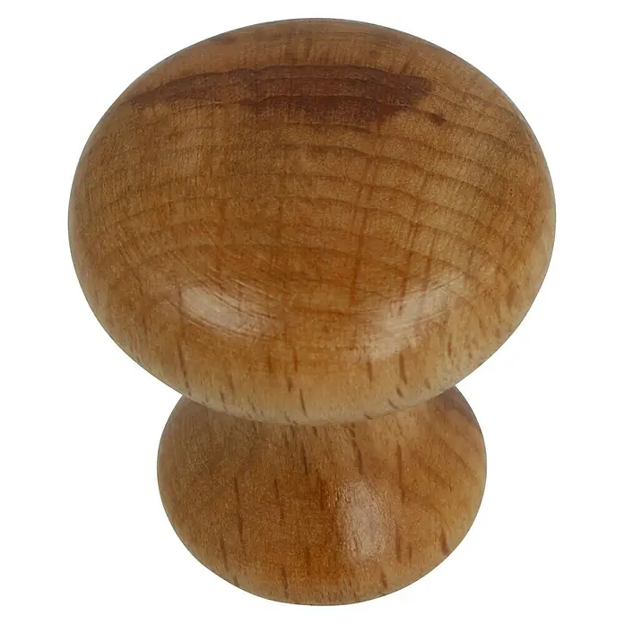Häfele Pomo para muebles - Madera, Lacado, Diámetro: 30 mm - Primer plano de un pomo de madera con vetas y una paleta de colores cálidos, perfecto para muebles o proyectos de artesanía.