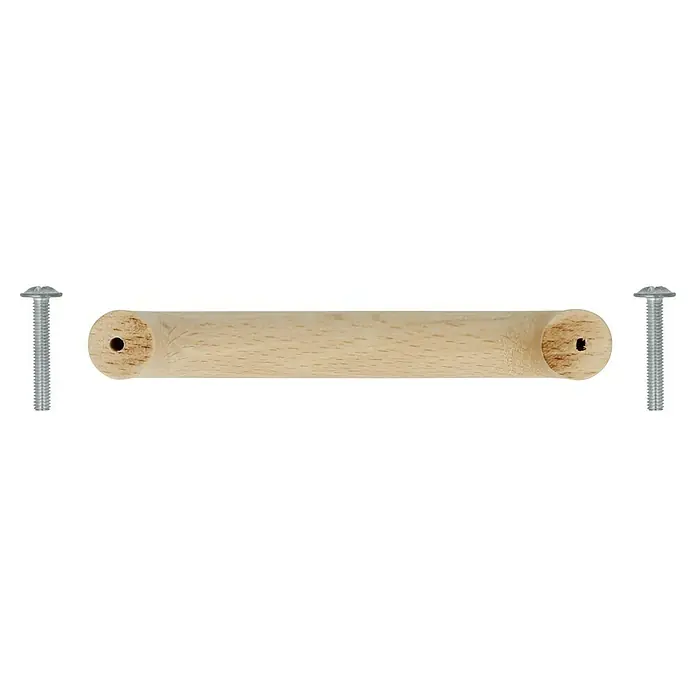 Häfele Tirador para muebles - Madera, Lacado, An x L: 30 x 100 mm, Haya - Una barra de mango de madera con dos tornillos, ideal para armarios o cajones, que muestra una estética sencilla, natural y funcionalidad.