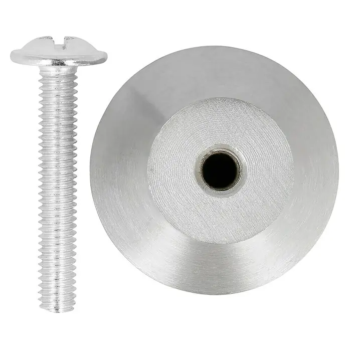 Möbelknopf - Typ Möbelgriff: Knopf, Ausführungseigenschaft: Edelstahl, Ø x L: 25 x 22 mm, Matt - Eine Nahaufnahme eines silbernen Möbelknopfes und einer passenden Schraube, ideal für die Montage.