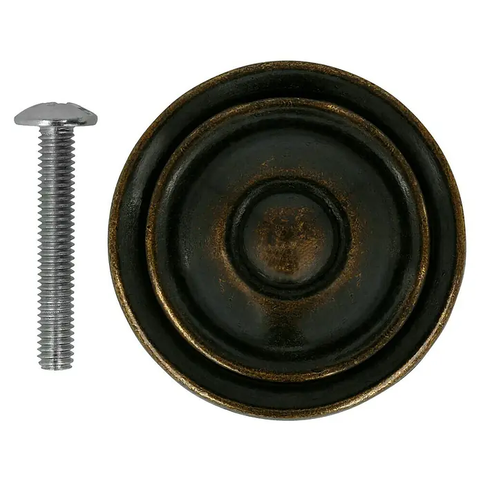 MöbelknopfTyp Möbelgriff: Knopf, Ø x H: 36 x 26 mm, Braun - Nahaufnahme eines bronzefarbenen Schubladenknaufs und einer passenden Schraube.