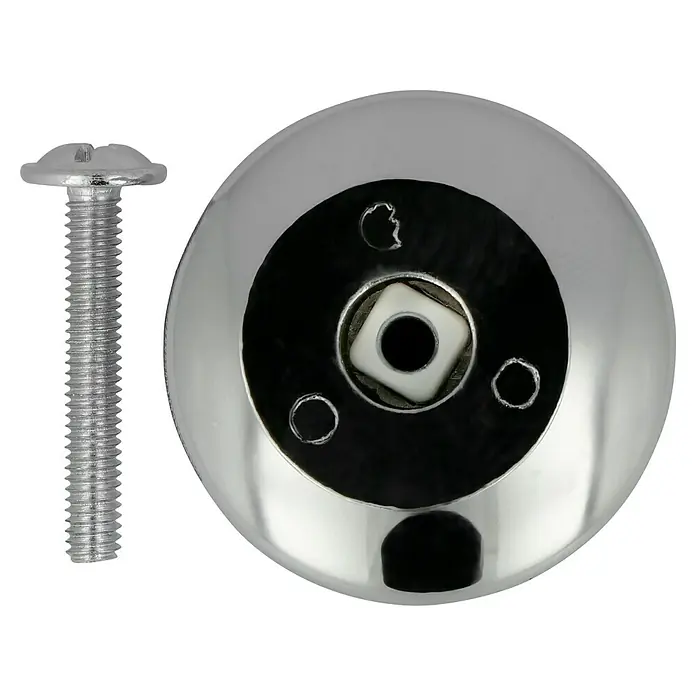 Häfele Pomo para muebles - Tipo de tirador del mueble: Botón, Ø x Al: 34 x 27 mm, Cromado - Vista detallada de una roseta redonda y brillante con tornillo, probablemente para accesorios de puerta. El acabado cromado refleja la luz.