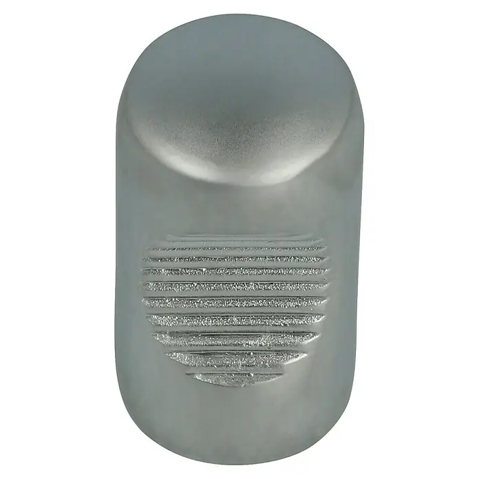 Möbelknopf - Typ Möbelgriff: Knopf, Ø x H: 14 x 25 mm, Sonstige, Verchromt - Abbildung eines stilvollen, silbernen Türstoppers. Das Produkt hat eine abgerundete Form und ist mit horizontalen Linien versehen.