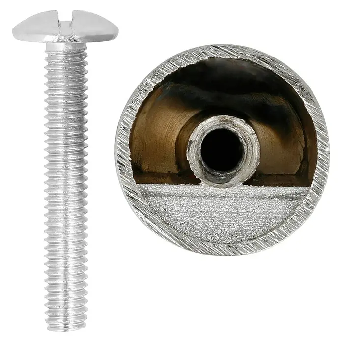 Möbelknopf - Typ Möbelgriff: Knopf, Ø x H: 18 x 21 mm, Sonstige, Vernickelt - Nahaufnahme einer Senkkopfschraube und eines Metalleinsatzes, ideal für Heimwerkerprojekte und Reparaturen.