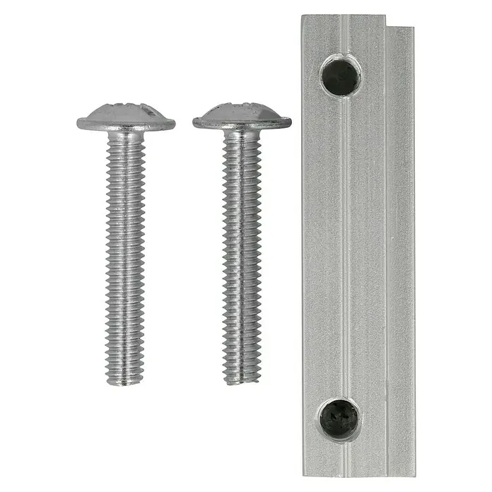 Möbelgriff - Typ Möbelgriff: Stange, Aluminium, Vernickelt, Länge: 44 mm - Zwei Schrauben und ein silbernes Aluminiumprofil mit zwei Löchern.