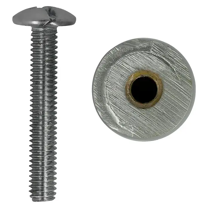 Möbelknopf - Typ Möbelgriff: Knopf, Ø x H: 14 x 25 mm, Sonstige, Verchromt - Nahaufnahme einer Schraube mit Schlitzkopf und einer Unterlegscheibe, ideal für Heimwerker- und Reparaturarbeiten.
