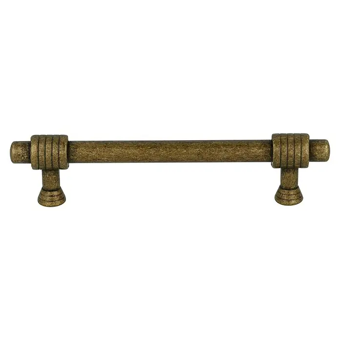 Rei Tirador para muebles - Distancia entre orificios: 96 mm, Tipo de tirador del mueble: Barra, Oro viejo - Barra de tiro dorada antigua con diseño acanalado y extremos decorativos.