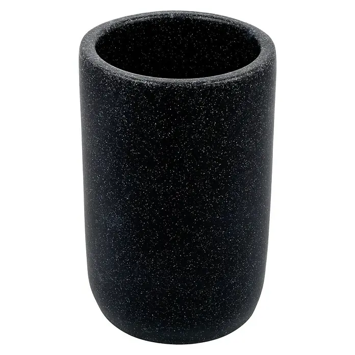 Camargue Portacepillos Stone - Ø x Al: 7,4 x 11,5 cm, Plástico, Negro - Primer plano de un recipiente cilíndrico negro con textura moteada, perfecto para accesorios de baño o como una solución de almacenamiento elegante.