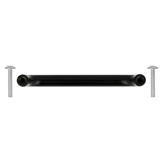 Rei Tirador para muebles - Distancia entre orificios: 96 mm, Tipo de tirador del mueble: Estribo, Lacado, Negro - Primer plano de un tirador de armario negro brillante con dos tornillos a los lados, ideal para un diseño moderno.