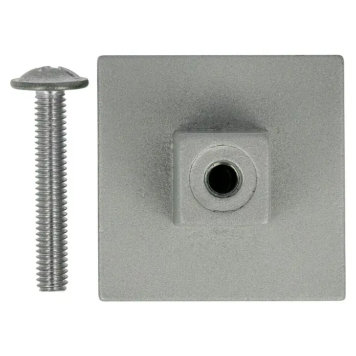 Möbelknopf - Typ Möbelgriff: Knopf, Sonstige, Lackiert, L x B x H: 30 x 30 x 28 mm - Nahaufnahme von Schraube und Gegenplatte. Die Schraube mit gerändeltem Schaft und flachem Kopf liegt neben der Platte mit Gewindeloch.