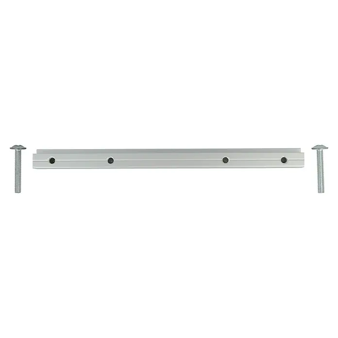 Möbelgriff - Typ Möbelgriff: Stange, Aluminium, Vernickelt, Länge: 150 mm - Ein silbernes Aluminiumprofil mit vier Schraubenlöchern und zwei Schrauben auf beiden Seiten für eine stabile Befestigung.