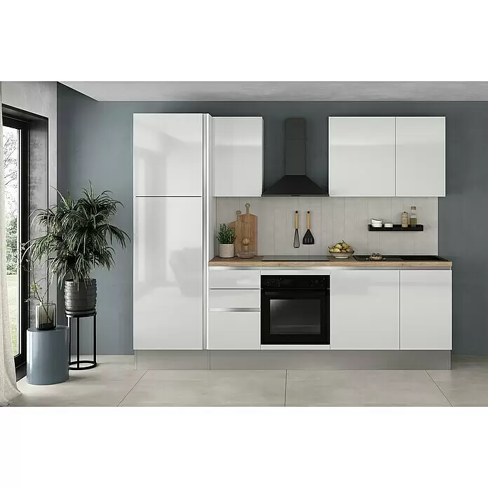 Marinelli Cucine Vormontierte Küchenzeile Gianna Eiche Natur - Breite: 275 cm, Weiß, Anschlag links, Mit Elektrogeräten - Stimmungsaufnahme