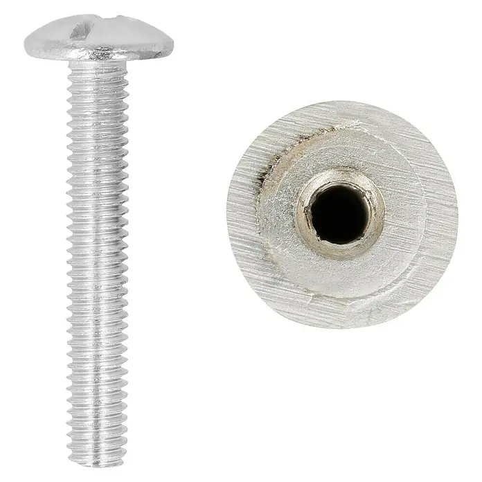 Möbelknopf - Typ Möbelgriff: Knopf, Ø x H: 14 x 25 mm, Sonstige, Vernickelt - Nahaufnahme einer Schraube und eines Innengewindes. Das silberne Metall und die Details sind gut erkennbar.