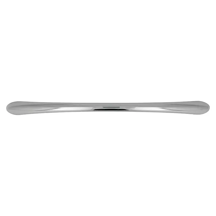 Häfele Tirador para muebles - L x An x Al: 158 x 11 x 29 mm, Tipo de tirador del mueble: Estribo, Distancia entre orificios: 128 mm, Otros, Cromado, Brillante - Primer plano de un anillo de boda brillante de color plateado con bordes redondeados, que encarna elegancia y belleza discreta.