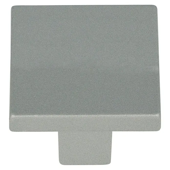 Möbelknopf - Typ Möbelgriff: Knopf, Sonstige, Lackiert, L x B x H: 30 x 30 x 28 mm - Nahaufnahme eines quadratischen, grauen Möbelknopfs mit einem robusten Sockel, ideal für moderne Schränke und Schubladen.