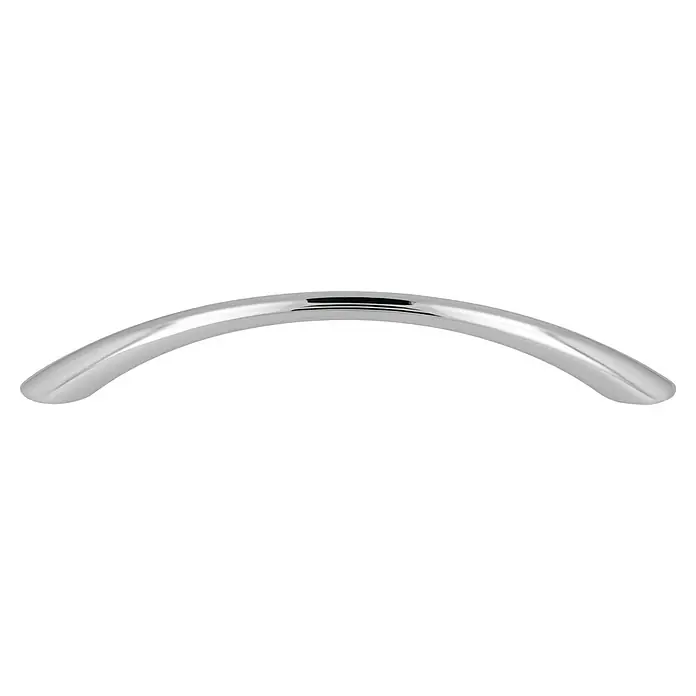 Häfele Tirador para muebles - L x An x Al: 158 x 11 x 29 mm, Tipo de tirador del mueble: Estribo, Distancia entre orificios: 128 mm, Otros, Cromado, Brillante - Imagen de un anillo de plata elegante y curvado con una superficie lisa, que refleja la luz y enfatiza un estilo moderno de joyería.