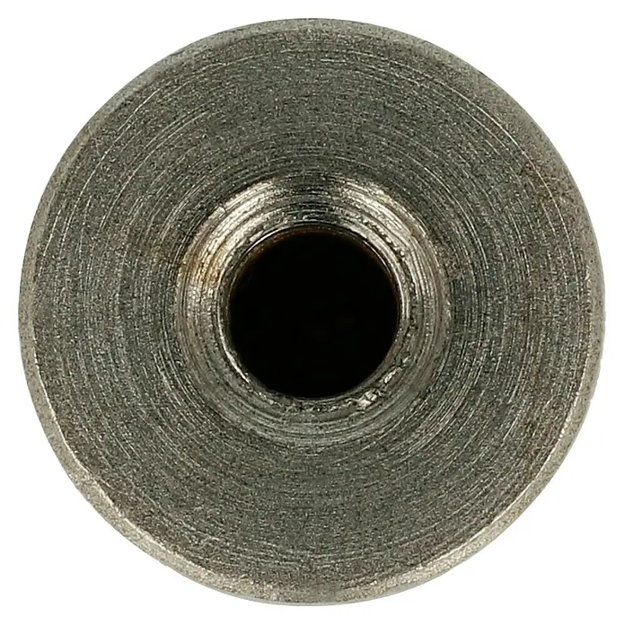 Häfele Pomo para muebles - Tipo de tirador del mueble: Botón, Ø x Al: 12 x 25 mm, Niquelado - Primer plano de una tuerca de brida metálica con rosca. Ideal para conexiones seguras en diversas aplicaciones. Durable y fiable.