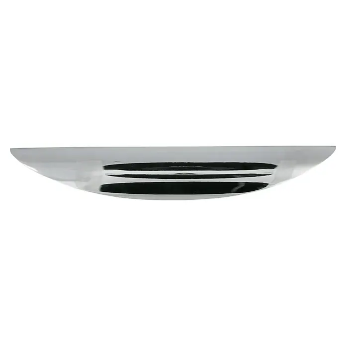 Häfele Tirador para muebles - Tipo de tirador del mueble: Concha, L x An x Al: 169 x 18 x 18 mm, Cromado - Primer plano de un cuenco de vidrio transparente con reflejos visibles, destacando su diseño simple y moderno.