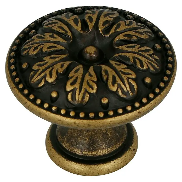 Häfele Pomo para muebles - Tipo de tirador del mueble: Botón, Ø x Al: 26 x 19 mm - Un pomo de mueble detallado en oro antiguo con un patrón floral, ideal para actualizar piezas de mobiliario.