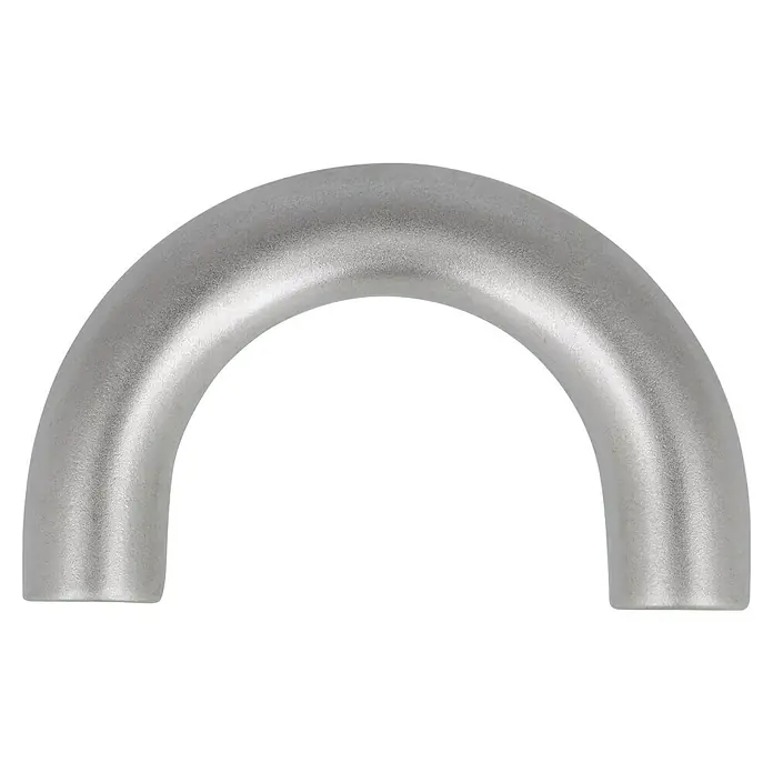 Häfele Tirador para muebles - Tipo de tirador del mueble: Estribo, Otros, Niquelado, Plateado - Primer plano de un asa metálica curvada de color plateado con una superficie ligeramente texturizada sobre un fondo negro.