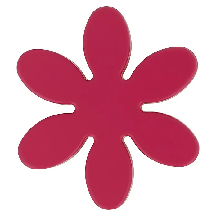 Häfele Pomo infantil para mueble - Tipo de tirador del mueble: Botón, Plástico, Lila, Características del diseño: Flor - Flor roja intensa con seis pétalos y superficie brillante sobre un fondo negro.