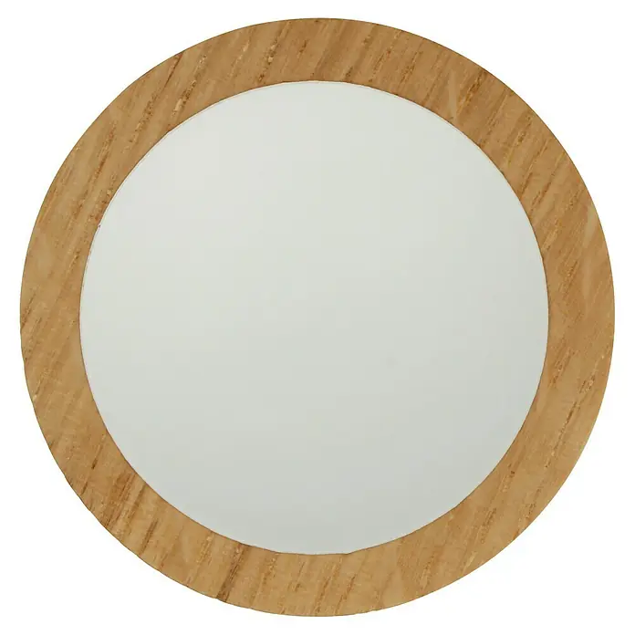 Häfele Pomo para muebles - Tipo de tirador del mueble: Botón, Ø x Al: 50 x 19,5 mm, Lacado, Blanco, Roble - Primer plano de un espejo redondo con marco de madera y una superficie reflectante blanca en el centro sobre un fondo negro.