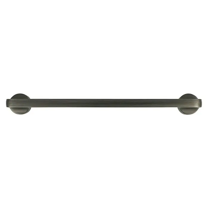 Häfele Tirador para muebles - Tipo de tirador del mueble: Estribo, L x An x Al: 144 x 32 x 6 mm, Aluminio, Niquelado - Una imagen horizontal de un moderno toallero gris con extremos redondeados sobre un fondo negro.