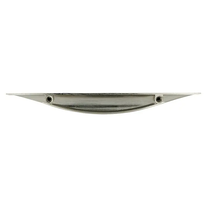 Häfele Tirador para muebles - Tipo de tirador del mueble: Estribo, L x An x Al: 170 x 28 x 18 mm, Blanco - Un primer plano de un tirador de cajón plateado con dos agujeros para tornillos, ideal para muebles modernos.