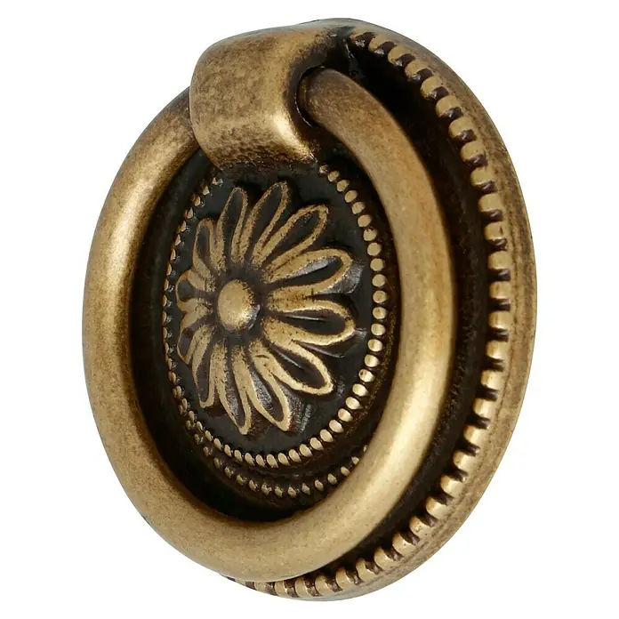 Häfele Pomo para muebles - Tipo de tirador del mueble: Botón, Ø x Al: 37 x 9 mm - Tirador de cajón de oro antiguo con diseño floral y borde ornamentado, ideal para proyectos de restauración de muebles.