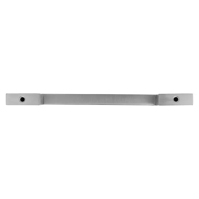 Häfele Tirador para muebles - Tipo de tirador del mueble: Estribo, L x An x Al: 158 x 24 x 10 mm, Acero inoxidable - Primer plano de una barra metálica plana plateada con agujeros en cada extremo, ideal para aplicaciones industriales y construcción.