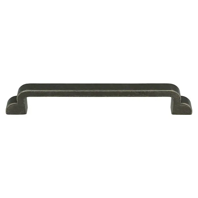 Häfele Tirador para muebles - Tipo de tirador del mueble: Estribo, L x An x Al: 180 x 30 x 12 mm - Primer plano de un tirador de mueble antiguo de metal oscuro, que desprende un toque de encanto vintage.