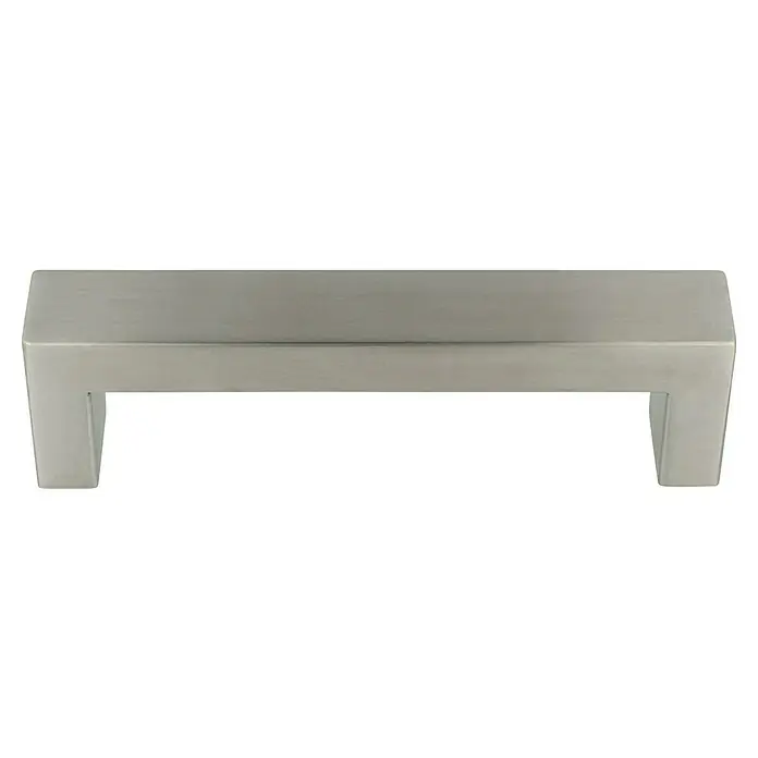Häfele Tirador para muebles - Tipo de tirador del mueble: Estribo, L x An x Al: 141 x 38 x 26 mm - Primer plano de un tirador de mueble moderno de color plateado. Es elegante, rectangular y tiene líneas limpias, ideal para decoración moderna.