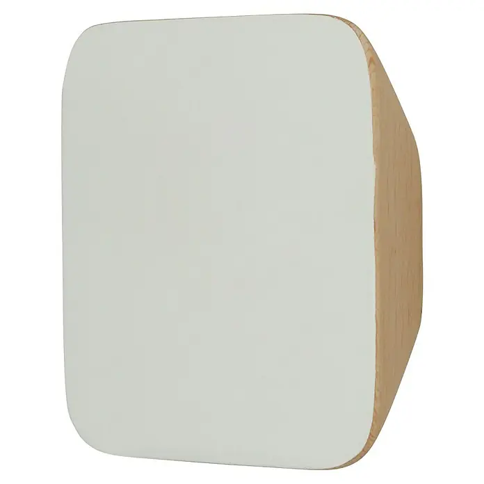 Häfele Pomo para muebles - Tipo de tirador del mueble: Botón, Madera, Lacado, An x Al: 26 x 58 mm - Primer plano de un cubo de pared blanco redondeado con marco de madera, ideal para interiores modernos.