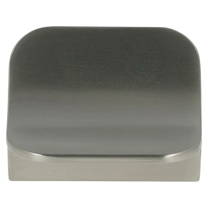 Häfele Tirador para muebles - Tipo de tirador del mueble: Barra, L x An x Al: 44 x 40 x 25,5 mm, Aluminio, Niquelado - Primer plano de un tope de puerta moderno de color plateado con bordes redondeados, que combina funcionalidad con un diseño elegante.