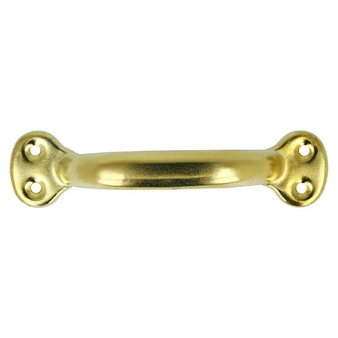 Häfele Tirador para muebles - Tipo de tirador del mueble: Estribo, Distancia entre orificios: 99 mm, Acero, Satinado, Dorado - Primer plano de un tirador de cajón dorado brillante con orificios de montaje sobre un elegante fondo negro.