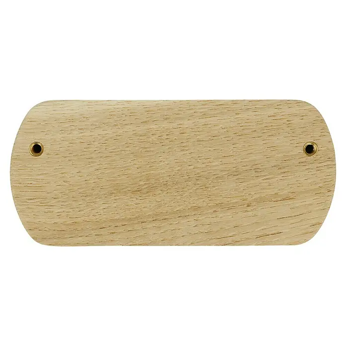 Häfele Tirador para muebles - Tipo de tirador del mueble: Concha, Lacado - Primer plano de una placa de madera con dos ojales de latón. La madera tiene una veta clara y natural y una forma rectangular redondeada.