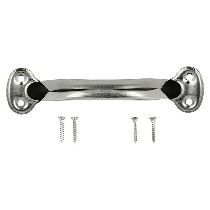 Häfele Tirador para muebles - Tipo de tirador del mueble: Estribo, Distancia entre orificios: 99 mm, Acero, Satinado, Plateado - Primer plano de un tirador de puerta plateado con cuatro tornillos debajo, listo para instalar.