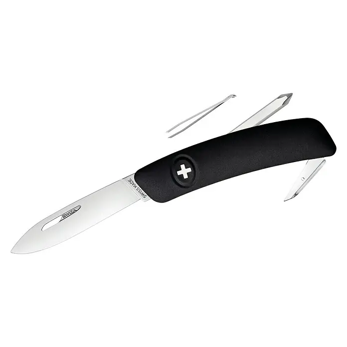 Swiza Taschenmesser D02 - Klingenlänge: 75 mm, Schwarz, 6 Funktionen - Schwarzes SWIZA Schweizer Taschenmesser mit Klinge, Pinzette und weiteren Werkzeugen für Outdoor-Abenteuer und den täglichen Gebrauch.