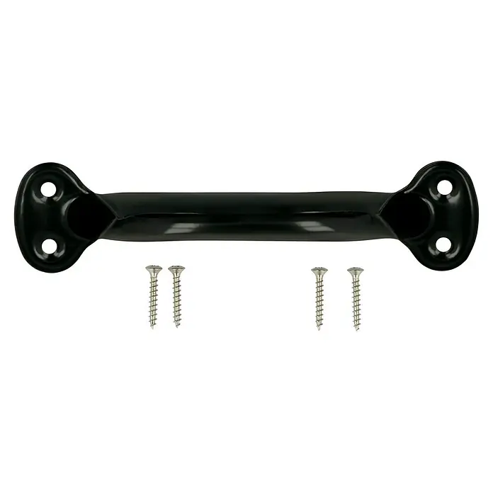 Häfele Tirador para muebles - Tipo de tirador del mueble: Estribo, Distancia entre orificios: 120 mm, Acero, Brillante, Negro - Un tirador de puerta negro con cuatro tornillos plateados sobre un fondo negro. El tirador de puerta está diseñado para una fácil instalación.