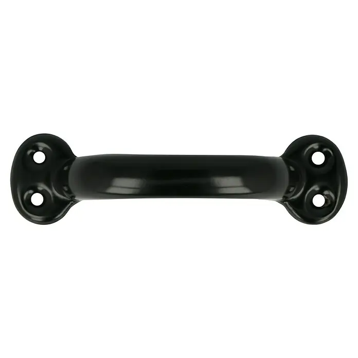 Häfele Tirador para muebles - Tipo de tirador del mueble: Estribo, Distancia entre orificios: 73 mm, Acero, Brillante, Negro - Primer plano de un tirador de armario negro con orificios para tornillos visibles. Este accesorio es ideal para proyectos de mejora de muebles.