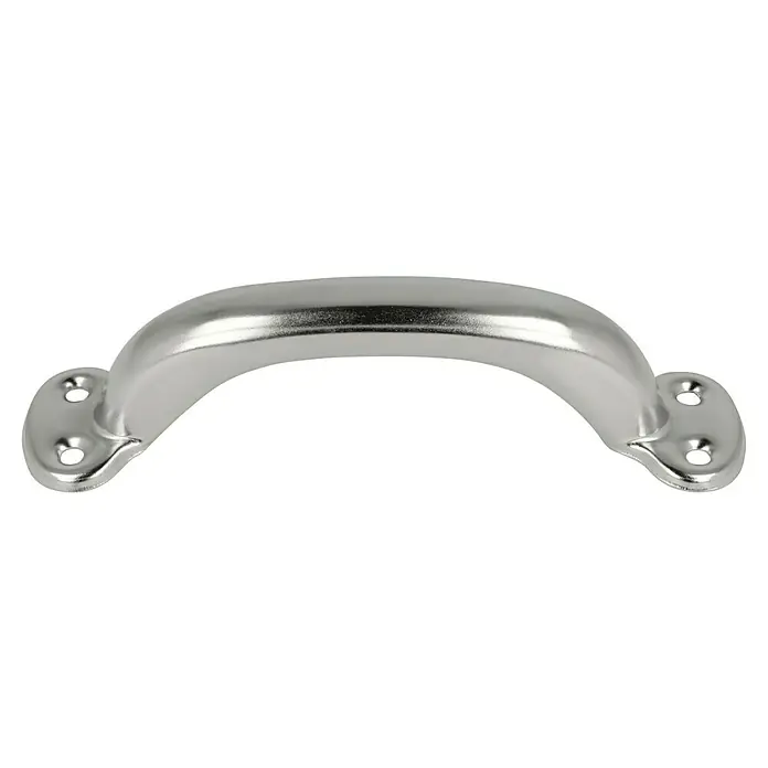 Häfele Tirador para muebles - Tipo de tirador del mueble: Estribo, Distancia entre orificios: 120 mm, Acero, Satinado, Plateado - Primer plano de un tirador de arco plateado con orificios de montaje, ideal para muebles o armarios. Robusto y elegante.