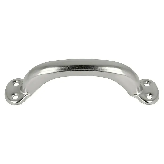 Häfele Tirador para muebles - Tipo de tirador del mueble: Estribo, Distancia entre orificios: 99 mm, Acero, Satinado, Plateado - Primer plano de un tirador de armario plateado con orificios de montaje para una instalación segura.