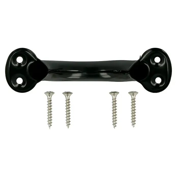 Häfele Tirador para muebles - Tipo de tirador del mueble: Estribo, Distancia entre orificios: 73 mm, Acero, Brillante, Negro - Un pestillo de puerta negro con cuatro tornillos plateados, ideal para un montaje seguro y un hogar elegante.