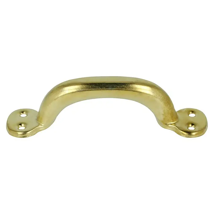 MöbelgriffTyp Möbelgriff: Bügel, Lochabstand: 120 mm, Stahl, Seidenglänzend, Gold - Nahaufnahme eines goldenen Schrankgriffs mit Schraubenlöchern für die Montage.
