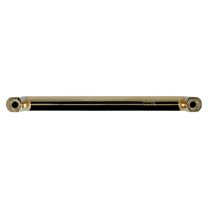 Häfele Tirador para muebles - Tipo de tirador del mueble: Estribo, Acero, Distancia entre orificios: 96 mm - Una barra de metal dorada con agujeros en ambos extremos, probablemente un componente o conector.