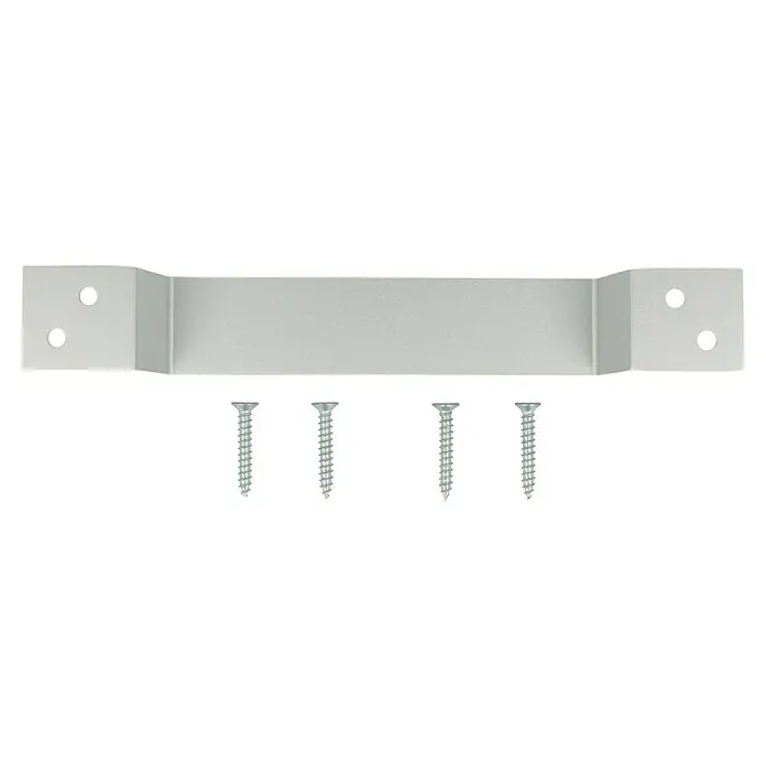 Häfele Tirador para muebles - Tipo de tirador del mueble: Barra, Aluminio, Distancia entre orificios: 170 mm - Primer plano de un soporte metálico y cuatro tornillos plateados para el montaje, ideal para proyectos de bricolaje y reparaciones.