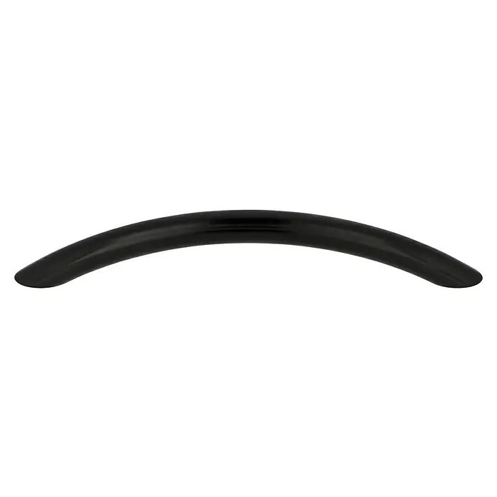 Möbelgriff - Typ Möbelgriff: Bügel, Sonstige, Lackiert, Schwarz, Länge: 112 mm - Ein schwarzes, bogenförmiges Objekt mit einer glänzenden Oberfläche, das an eine gebogene Stange oder eine minimalistische Skulptur erinnert.